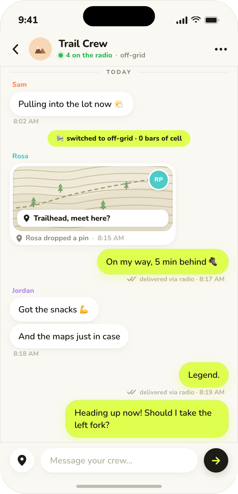 App design: a crew conversation where a message receipt reads delivered via radio, with a dropped pin marking a trailhead meeting spot.