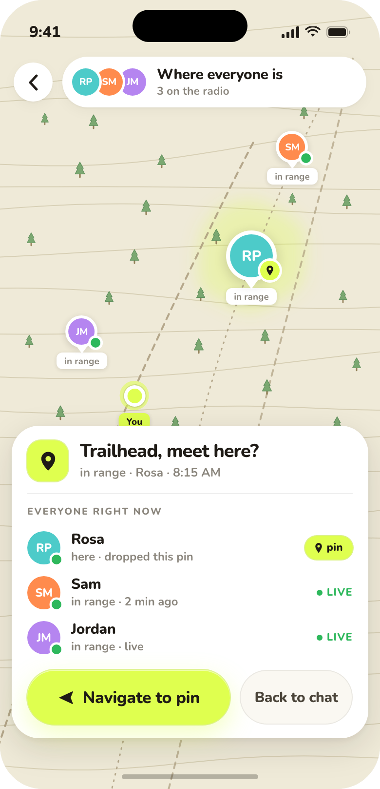 App design: a map showing where each crew member is, listed as in range, with a tapped pin for the trailhead.
